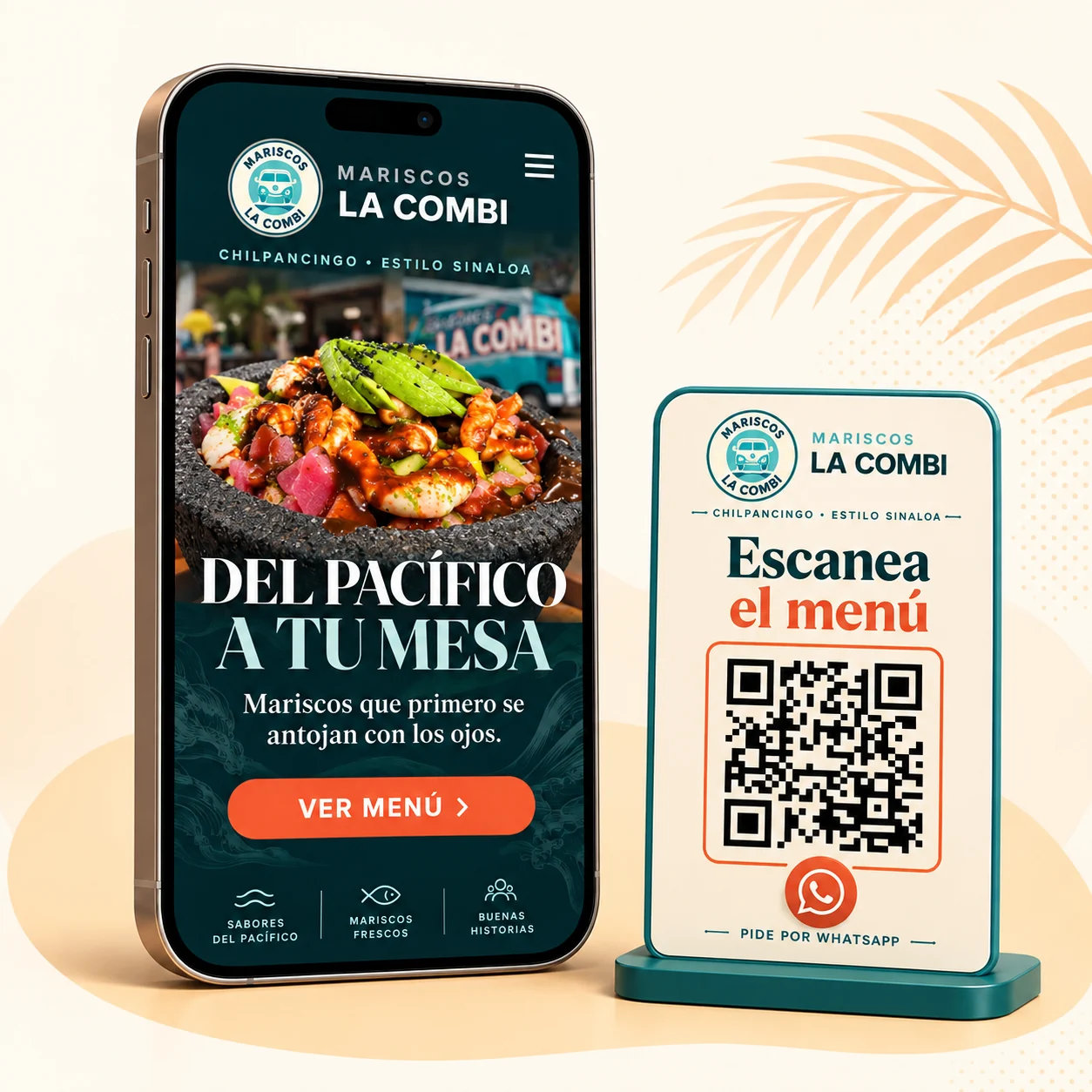 Ejemplo visual completo de La Combi: celular con sitio web y soporte para menú QR